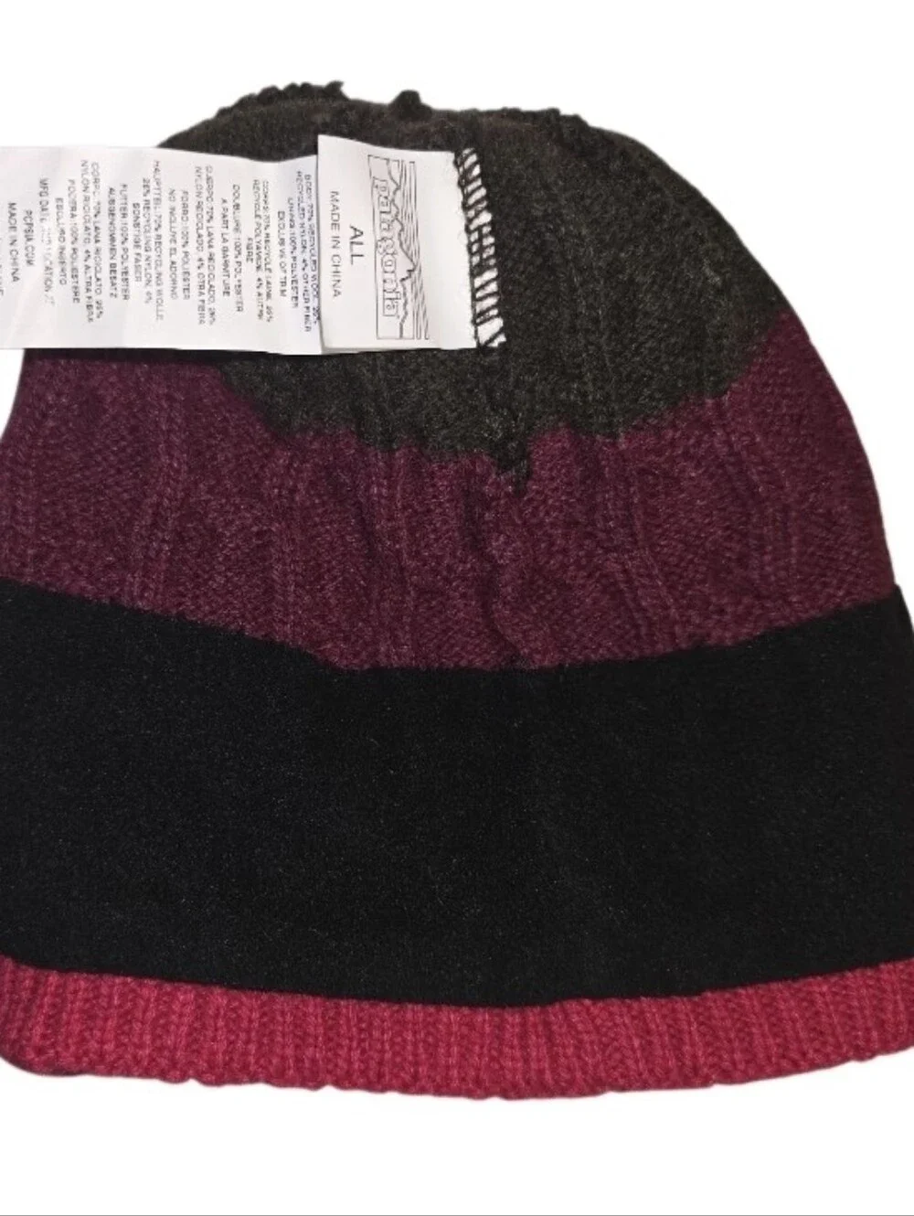 Patagonia Cable Knit Pom Pom Beanie Hat Pink Burgundy Black Fleece Lined OS